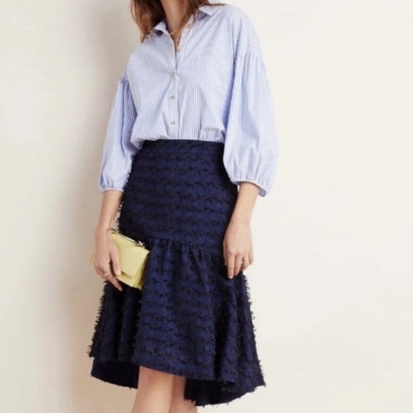 NEW Maeve Anthropologie Blue Black Miranda Textured Midi Skirt Size Large - Picture 1 of 5